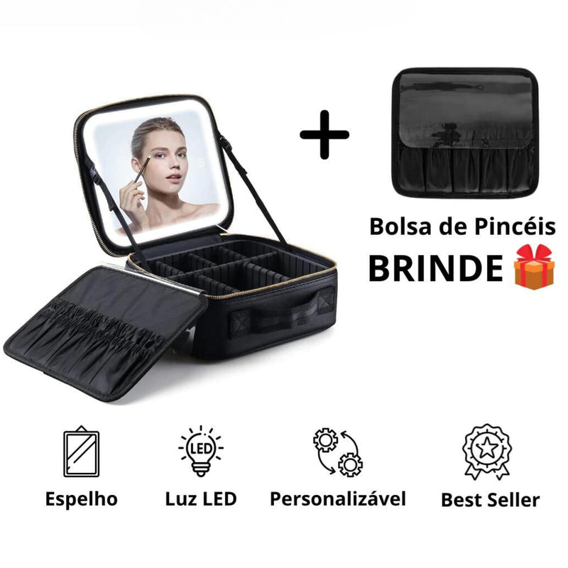 Necessaire de Couro com Espelho LED e Divisões Personalizáveis - Makeup Led®