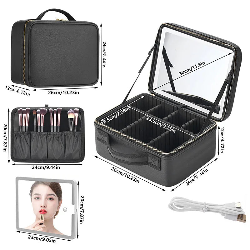 Necessaire de Couro com Espelho LED e Divisões Personalizáveis - Makeup Led®